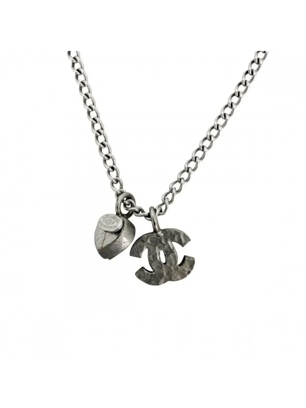 Chanel Necklace Heart CC Logo Rhinestone Silver